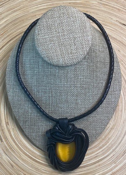 “Yellow Cat Eye” Leather Necklace and pendant.