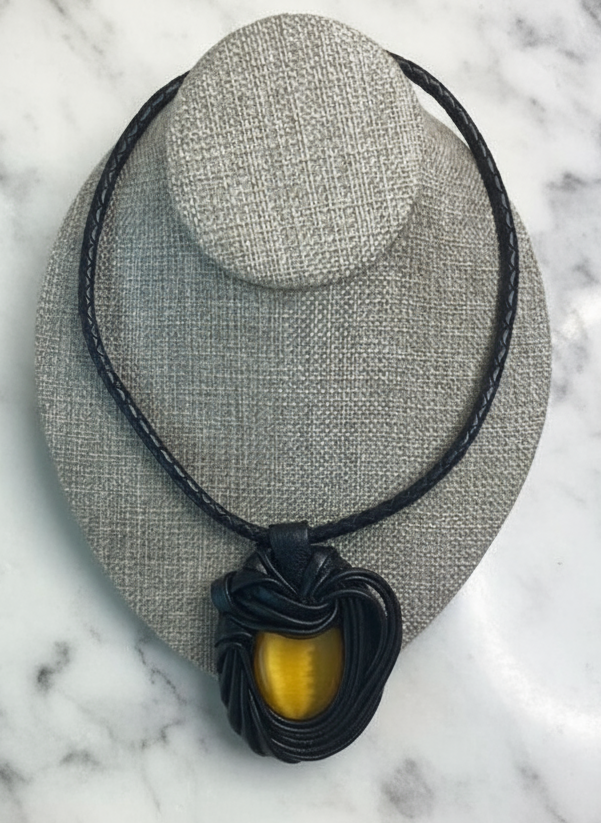 “Yellow Cat Eye” Leather Necklace and pendant.