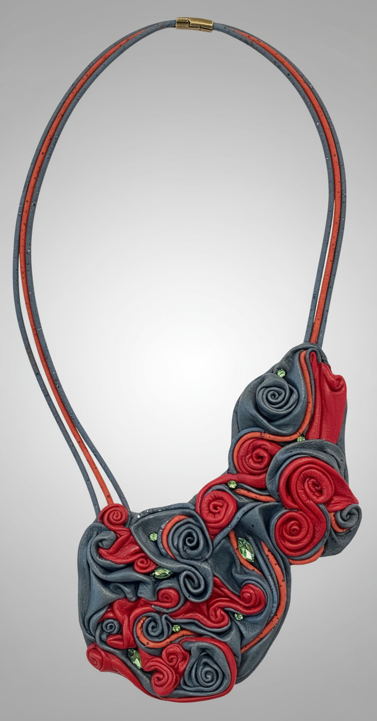 A necklace made of genuine leather with a floral pattern, featuring red and gray colors, displayed on a mannequin.