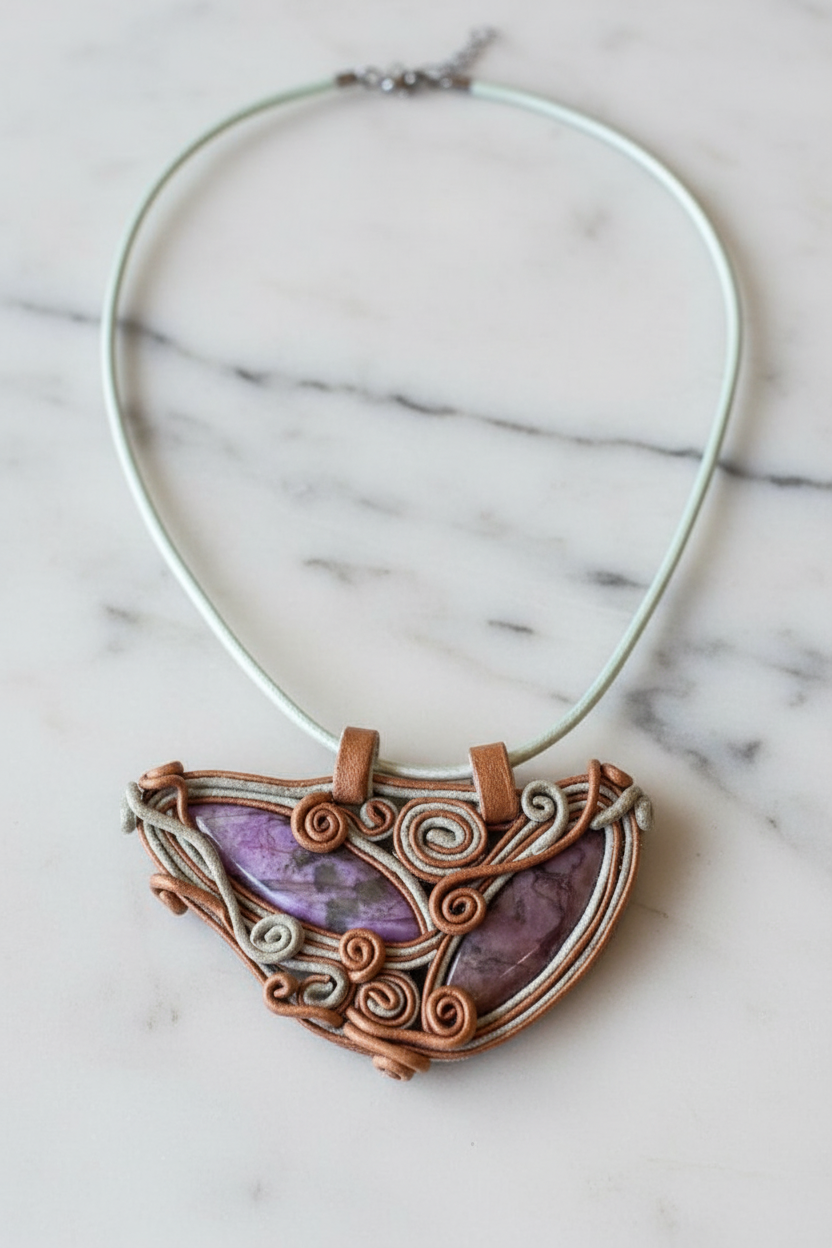 “Celebration” Genuine Leather, Rhodonite gemstone necklace