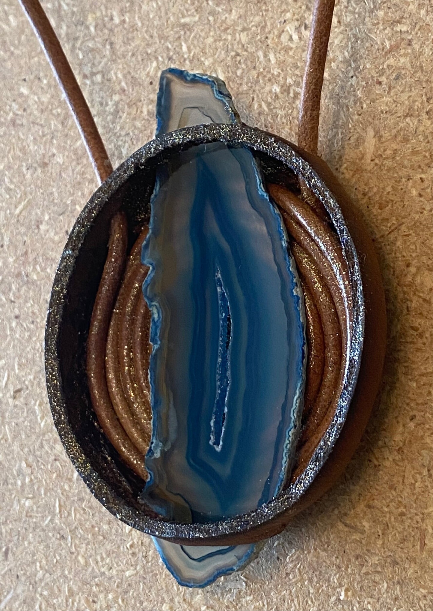 Necklace, Genuine Leather and Agate Druzy