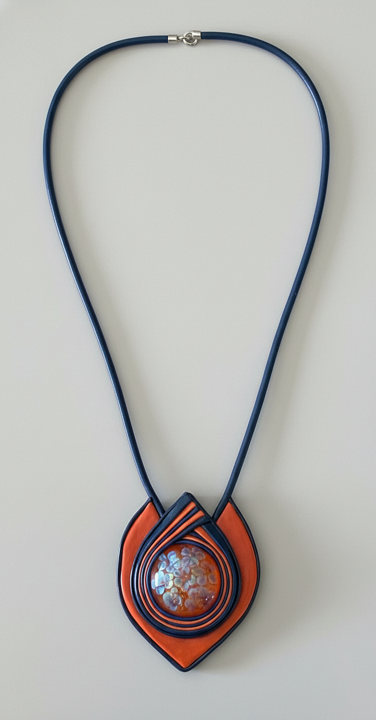 A necklace with a genuine leather pendant, featuring a glass bead with red, orange, and blue colors, displayed on a textured background.
