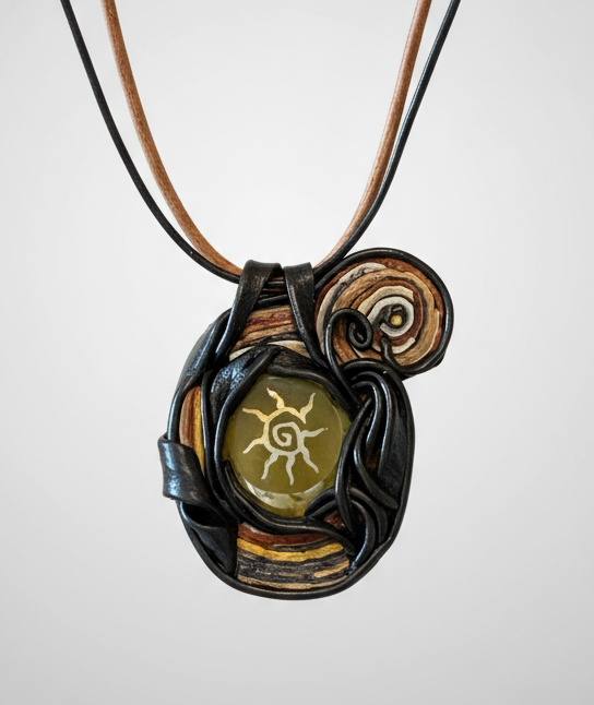 Necklace with a decorative pendant featuring a sun design on a white background
