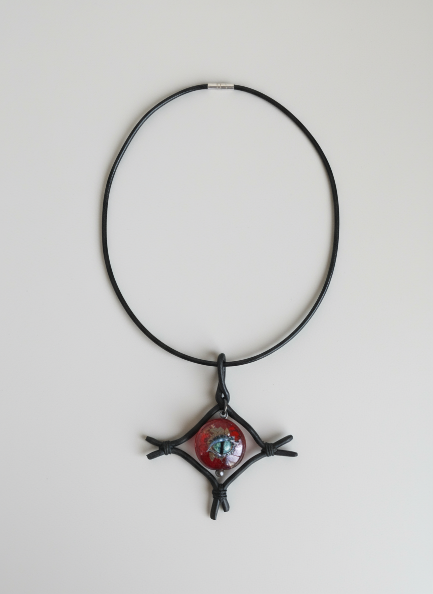 A black leather necklace with a glass pendant in the shape of an eye, featuring multicolored patterns within the eye, displayed on a wooden surface.