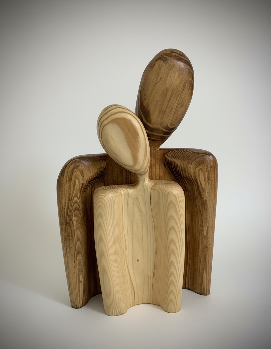 Wooden sculpture of two abstract figures on a plain background