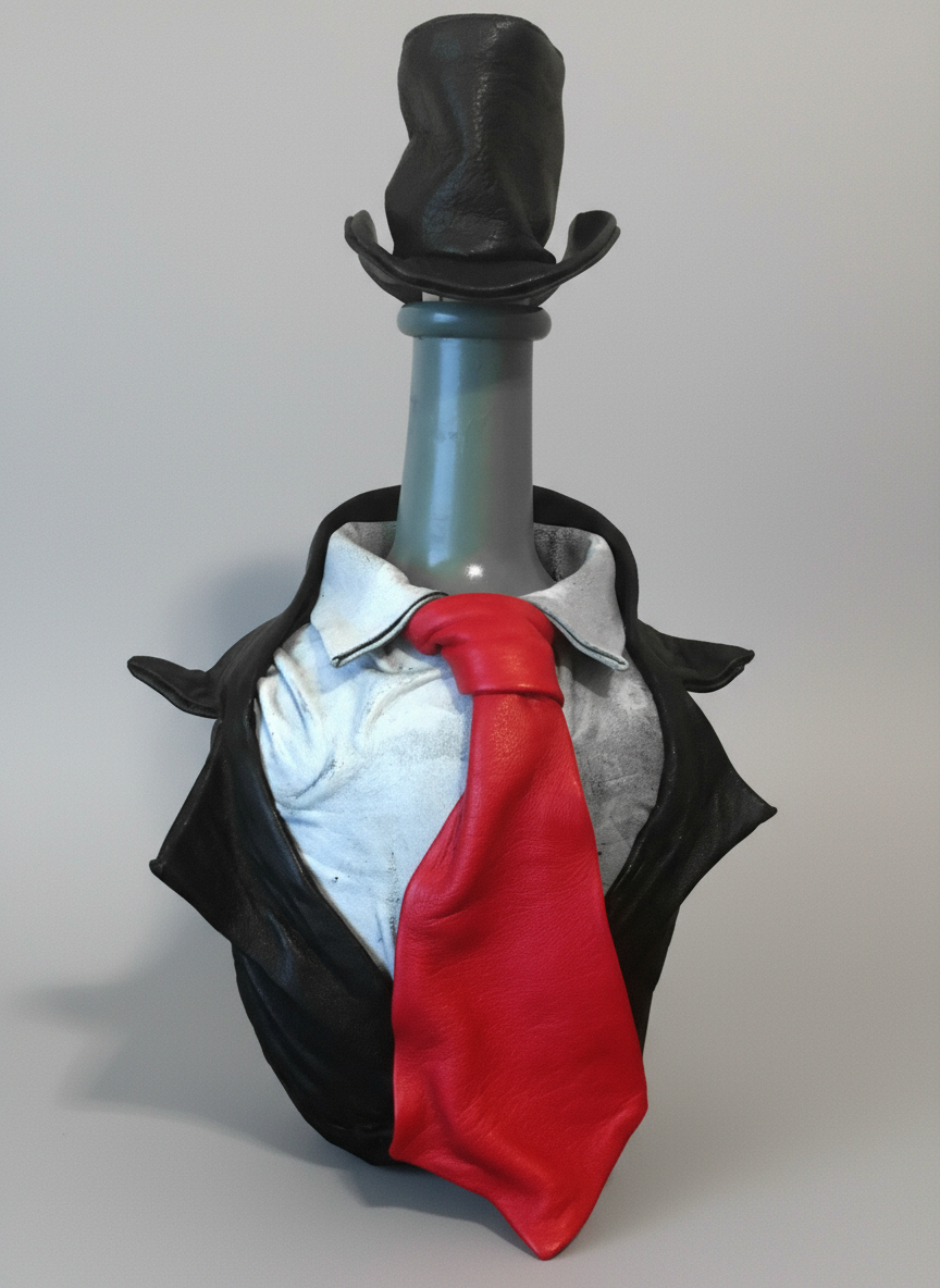 Bottle dressed in formal attire with a red tie on a gray background