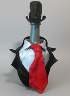 Bottle dressed in formal attire with a red tie on a gray background